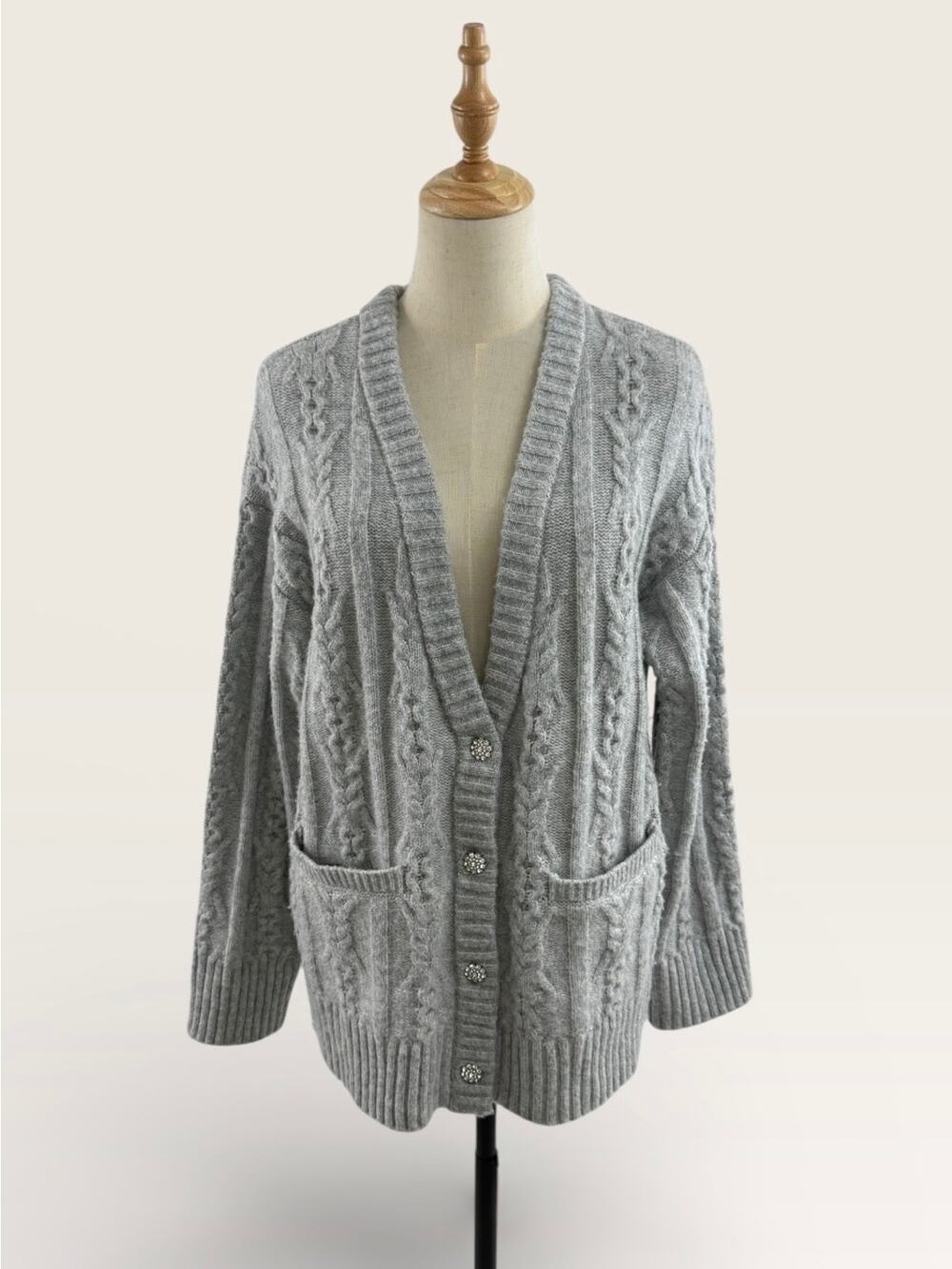 Gray Cable Sweater Cardigan with Rhinestone Buttons, Size Small